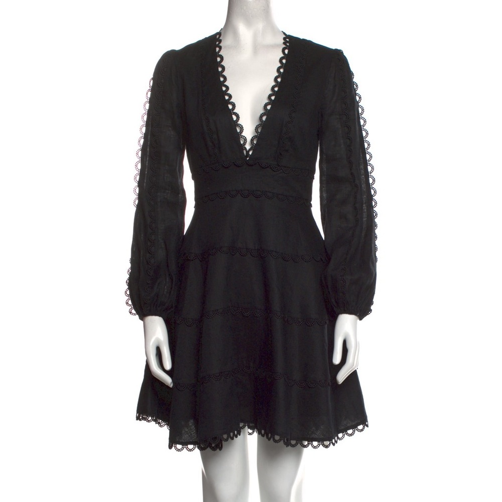 Zimmermann Black Long Sleeve Lace Trim Mini Dress